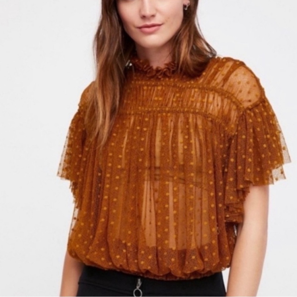Free People Disco Ball Swiss Dot Lace Top Burnt Gold